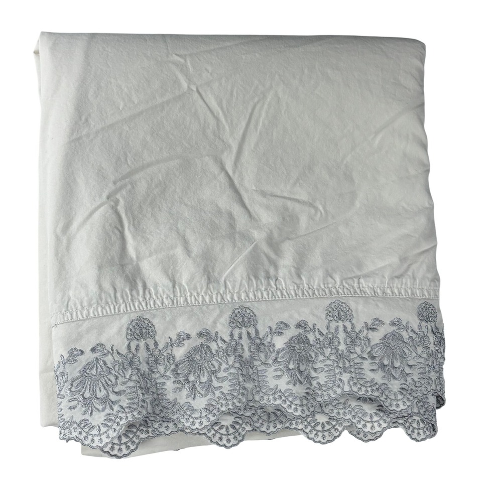Simply Shabby Chic‎ Ivory Cotton Flat Sheet Silver Full 82 x 90 Embroidered